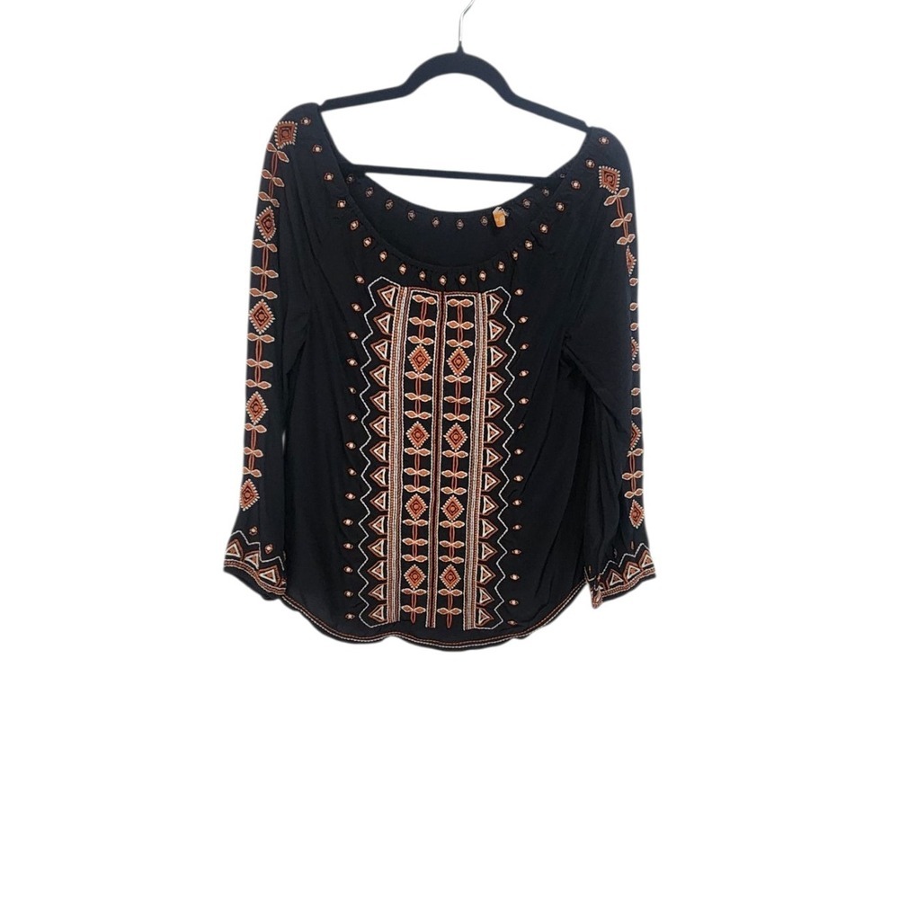 Tory‎ Burch Embroidered Black Long Sleeve Blouse Shirt Size 4 Boho Southwestern